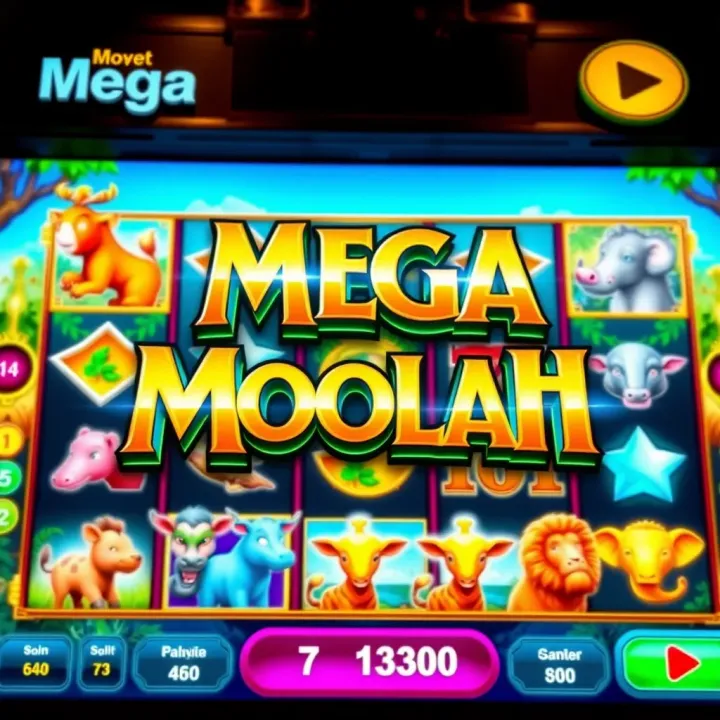 Colorful Mega Moolah slot interface displaying animal symbols and jackpot values on 1xBet platform