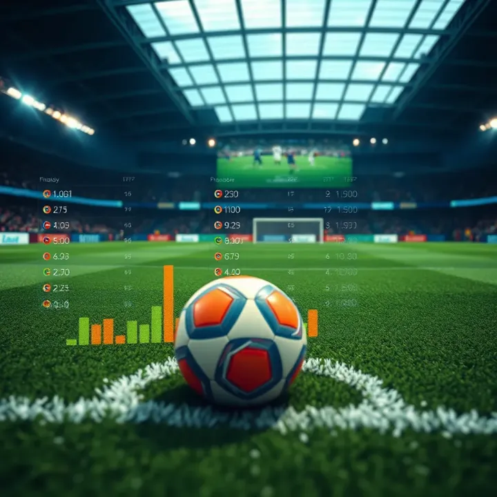 Football pitch with digital data overlays showing match statistics and predicted scores
