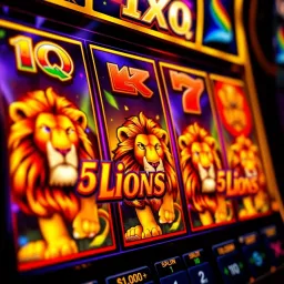 Colorful slot machine reels featuring lion symbols with vibrant graphics in an online casino interface
