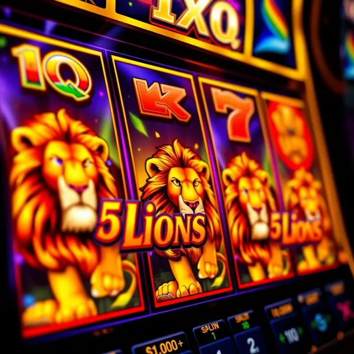 Colorful slot machine reels featuring lion symbols with vibrant graphics in an online casino interface