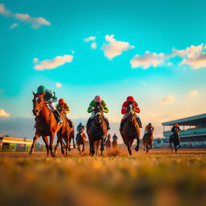 Thrilling horse race at a prominent Nigerian racing venue with jockeys competing under vibrant skies
