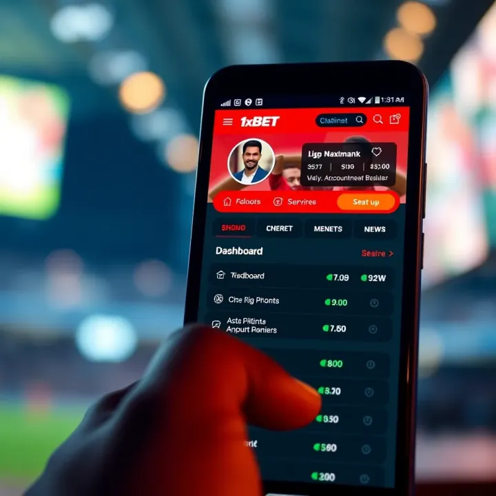 Mobile phone displaying the 1xBet Nigeria app with account dashboard and navigation options