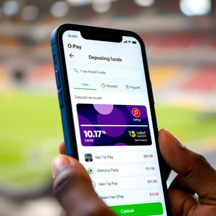 Mobile phone showing OPay app interface for depositing funds into a betting account in Nigeria