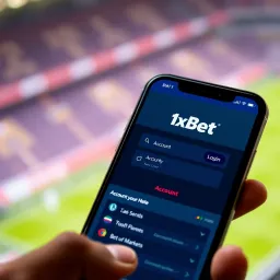 Mobile phone showing the 1xBet Nigeria login app interface with account login options and betting markets