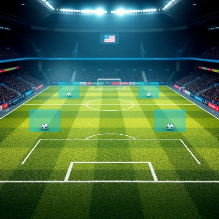 Football field with highlighted attacking and defensive zones illustrating game strategies