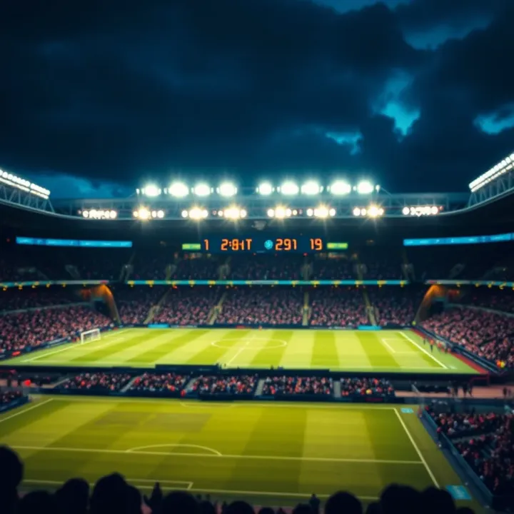 Premier League football stadium lit up for evening match