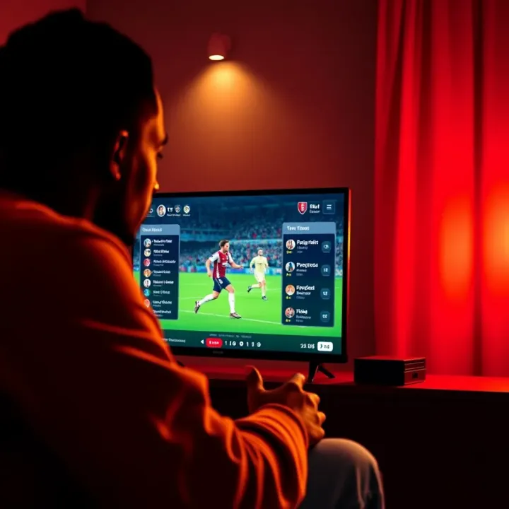 Nigerian football fan watching live Premier League match on television with betting tips on screen