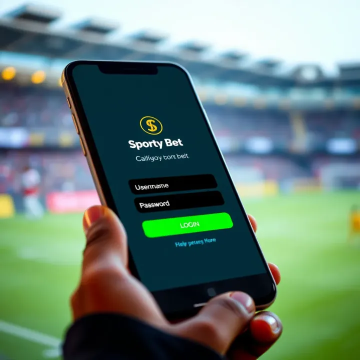 Mobile phone displaying Sporty Bet login screen with username and password fields
