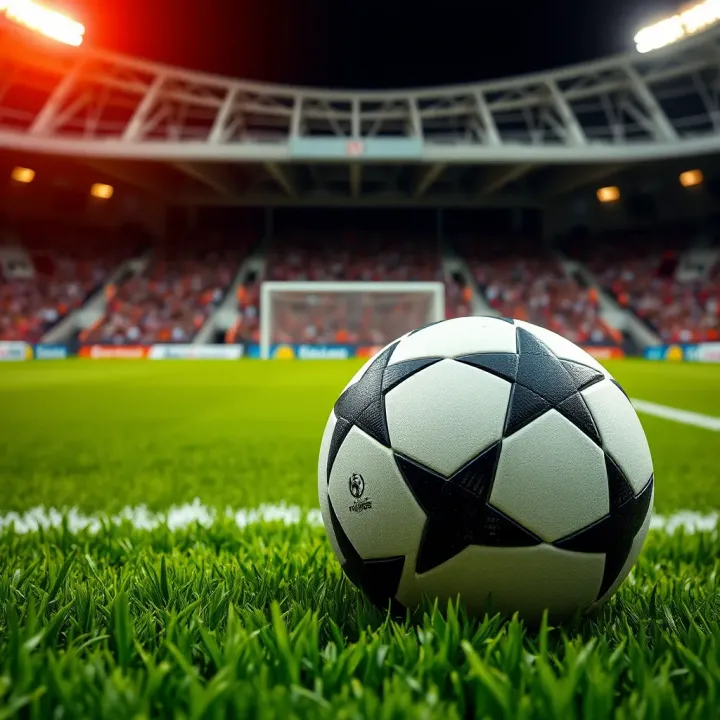 Close-up of a football on lush grass with a stadium background and fans in the stands