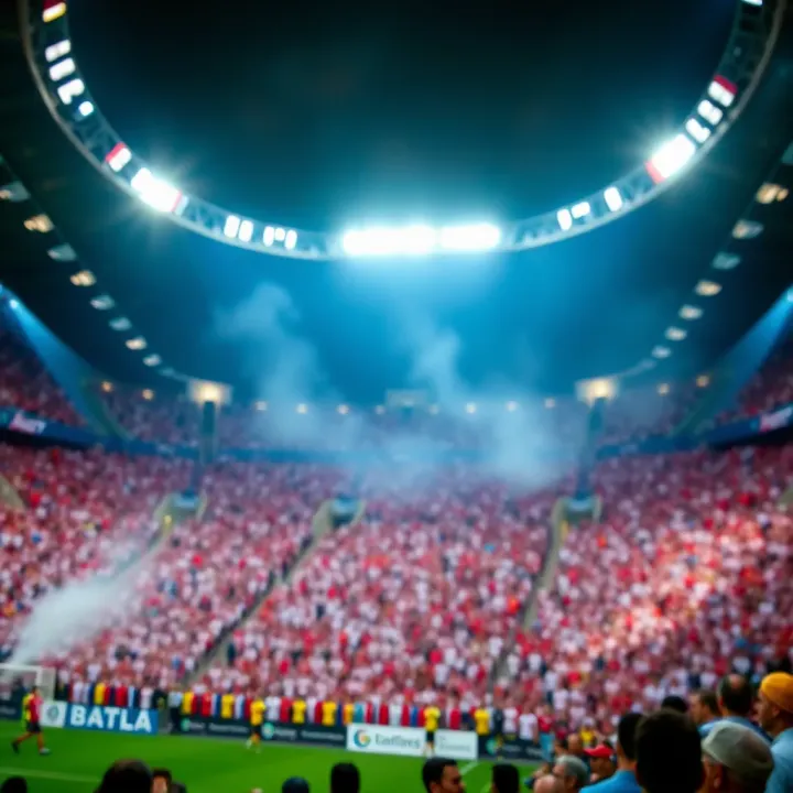 A crowded stadium under bright lights during a Champions League evening match