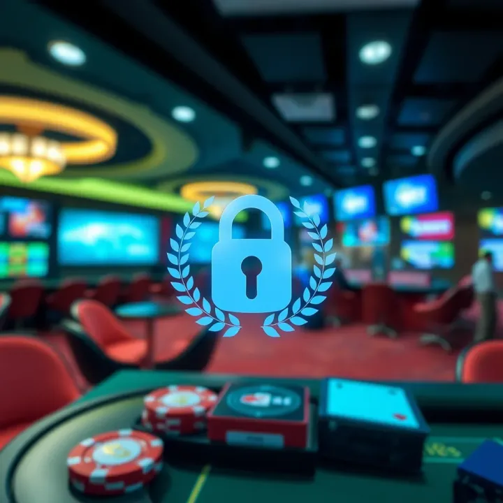 Graphic depicting a secure casino environment with digital lock icons and verified badge symbols over casino elements
