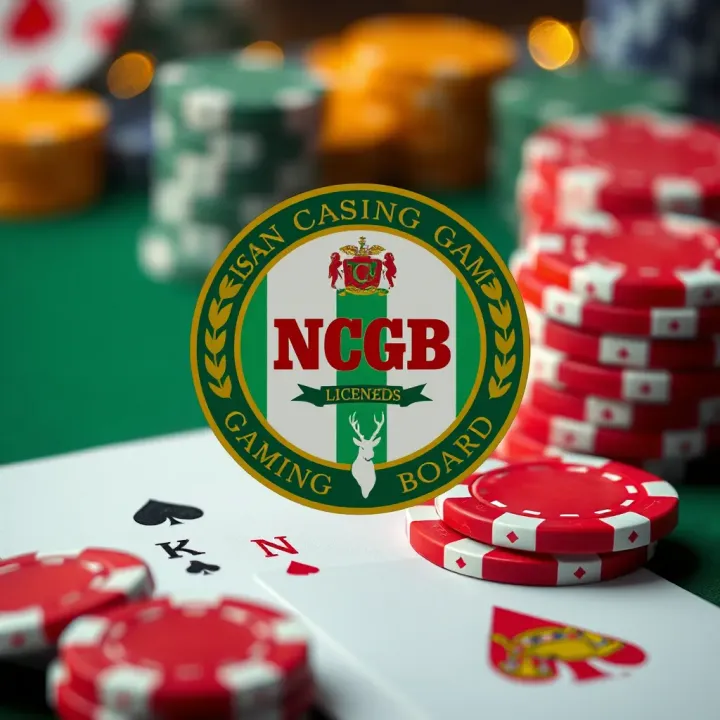 Illustration showing the Nigerian Casino Gaming Board emblem with a background of casino chips and playing cards