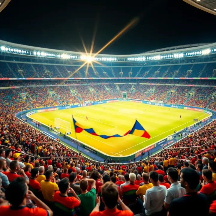 Colorful stadium filled with fans watching a crucial World Cup game under bright floodlights